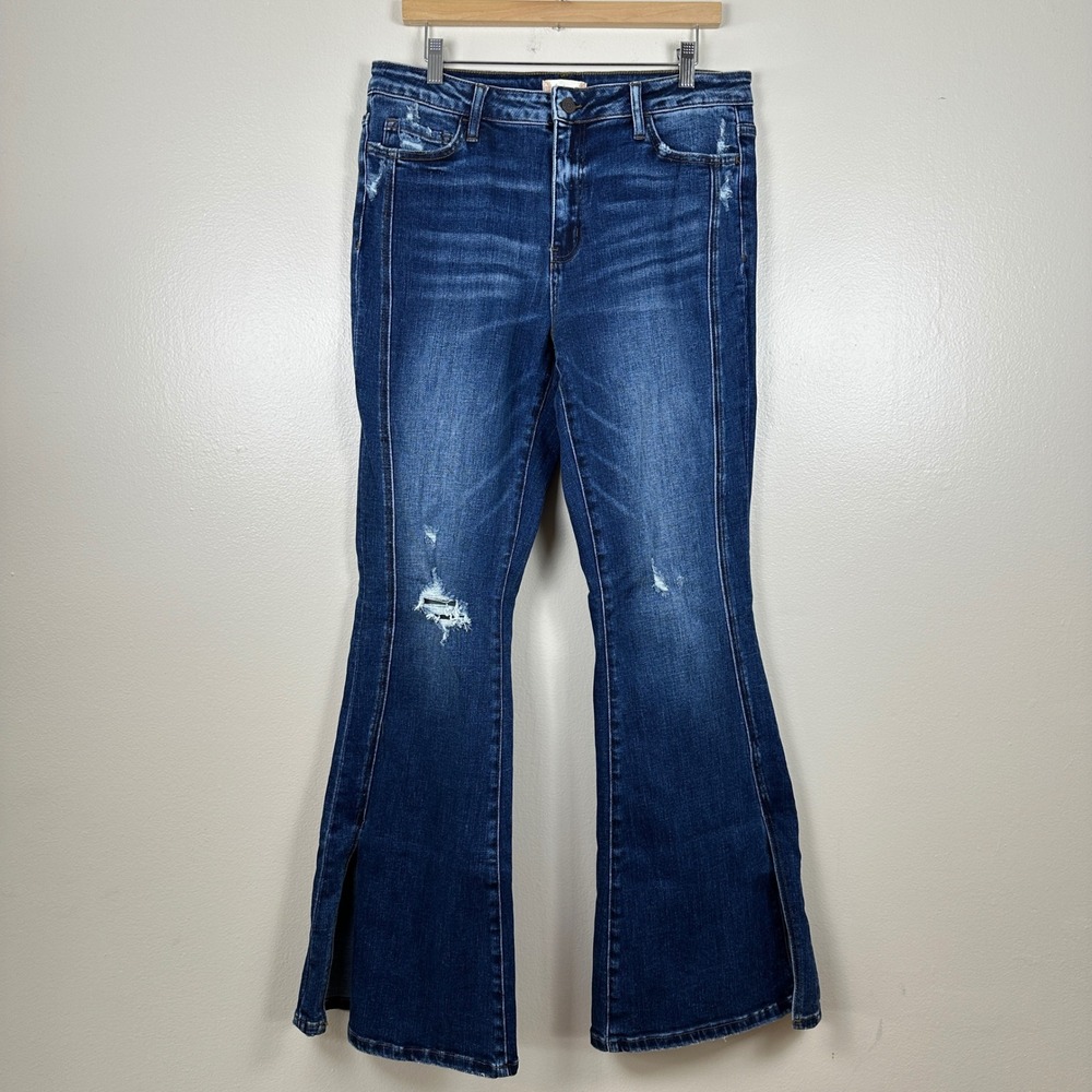 Altar'd State Women's 31 Flare Jeans Blue Vervet High Rise Front Seam Distressed
